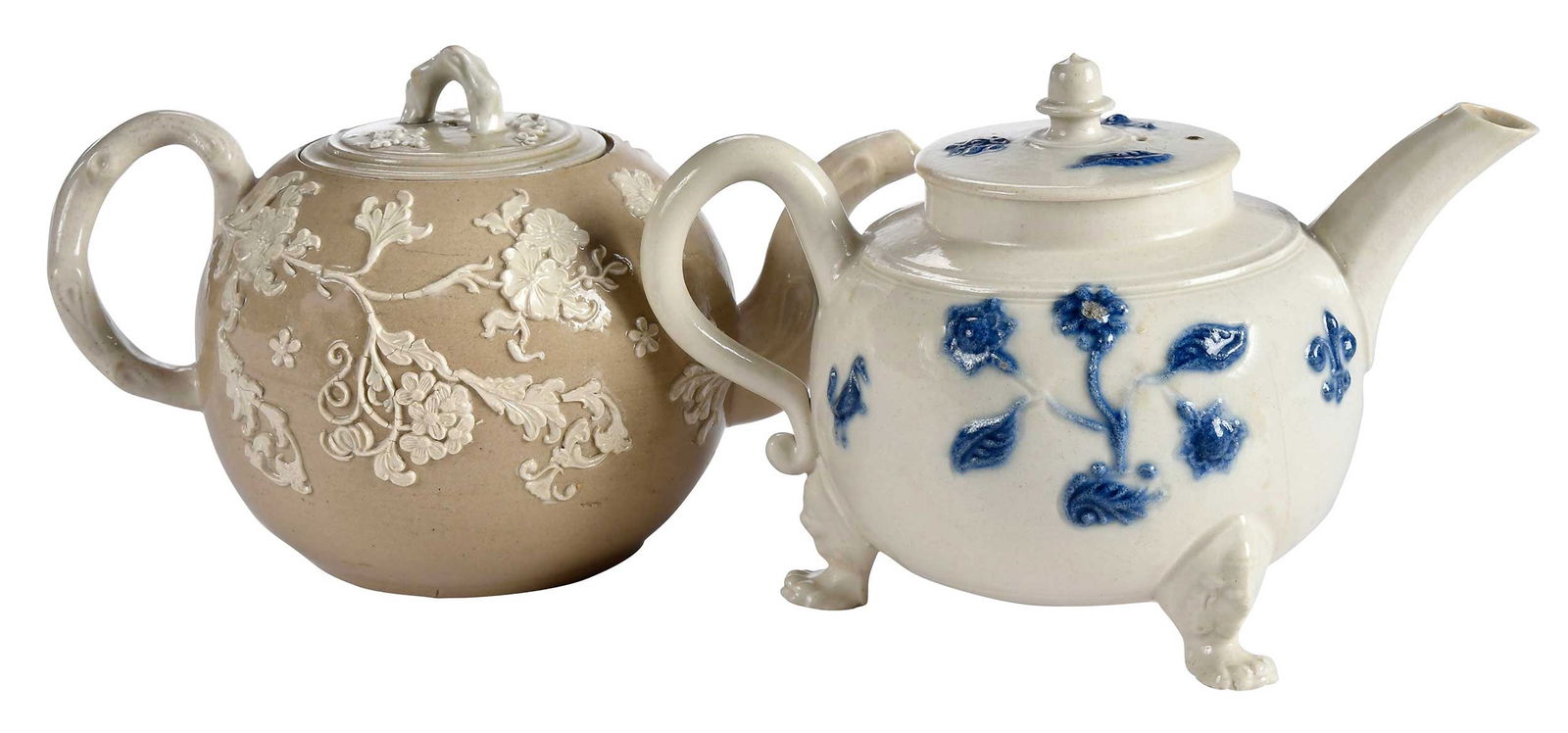 Two English Salt Glazed Teapots with Applied Sprigging, One Footed (1 of 11)