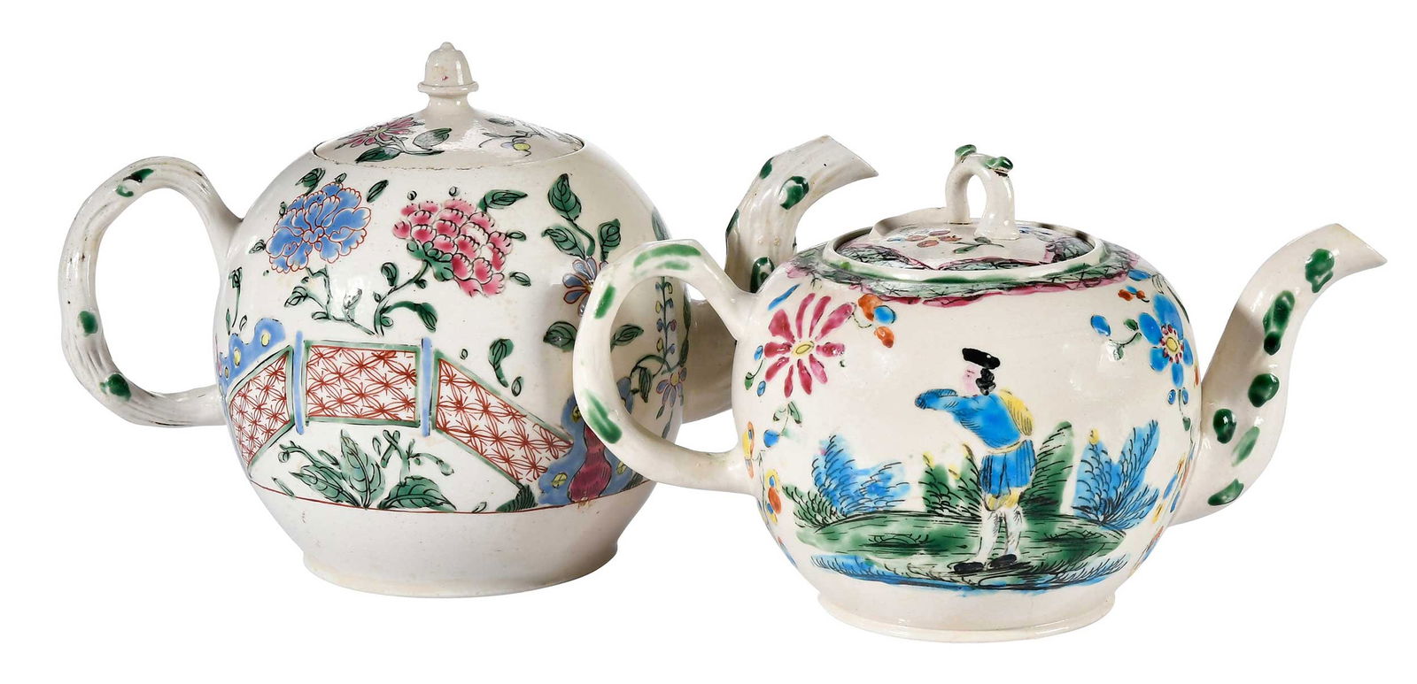 Two English Salt Glazed Enamel Decorated Teapots (1 of 11)