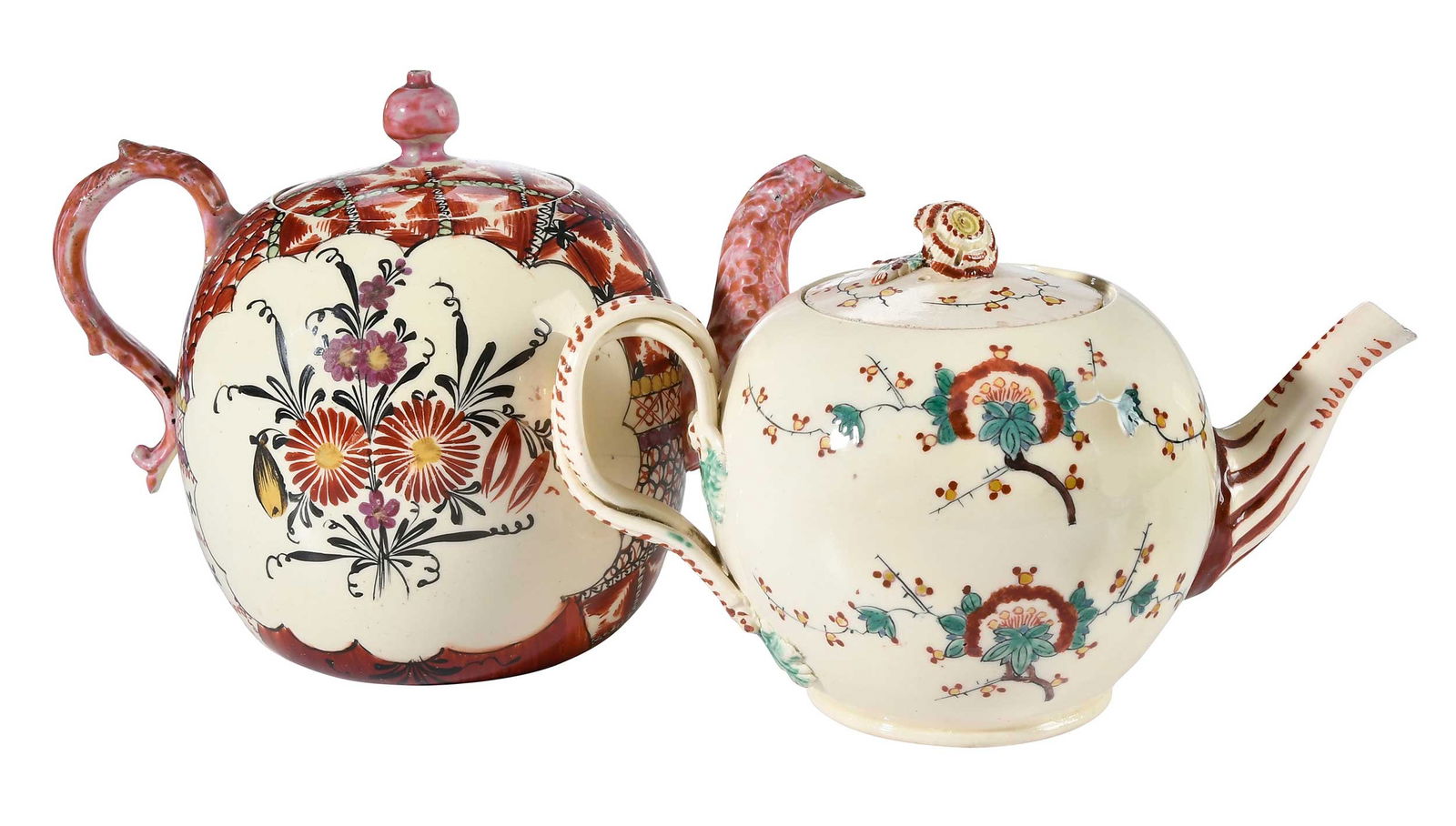 Two English Polychrome Enamel Decorated Creamware Floral Teapots (1 of 10)