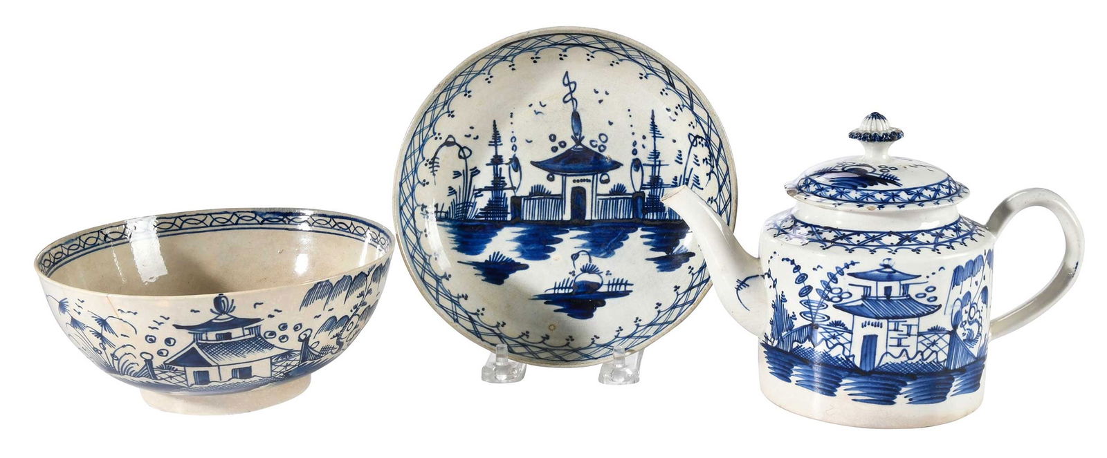 Three Pieces of English Blue and White Chinoiserie Decorated Creamware (1 of 9)