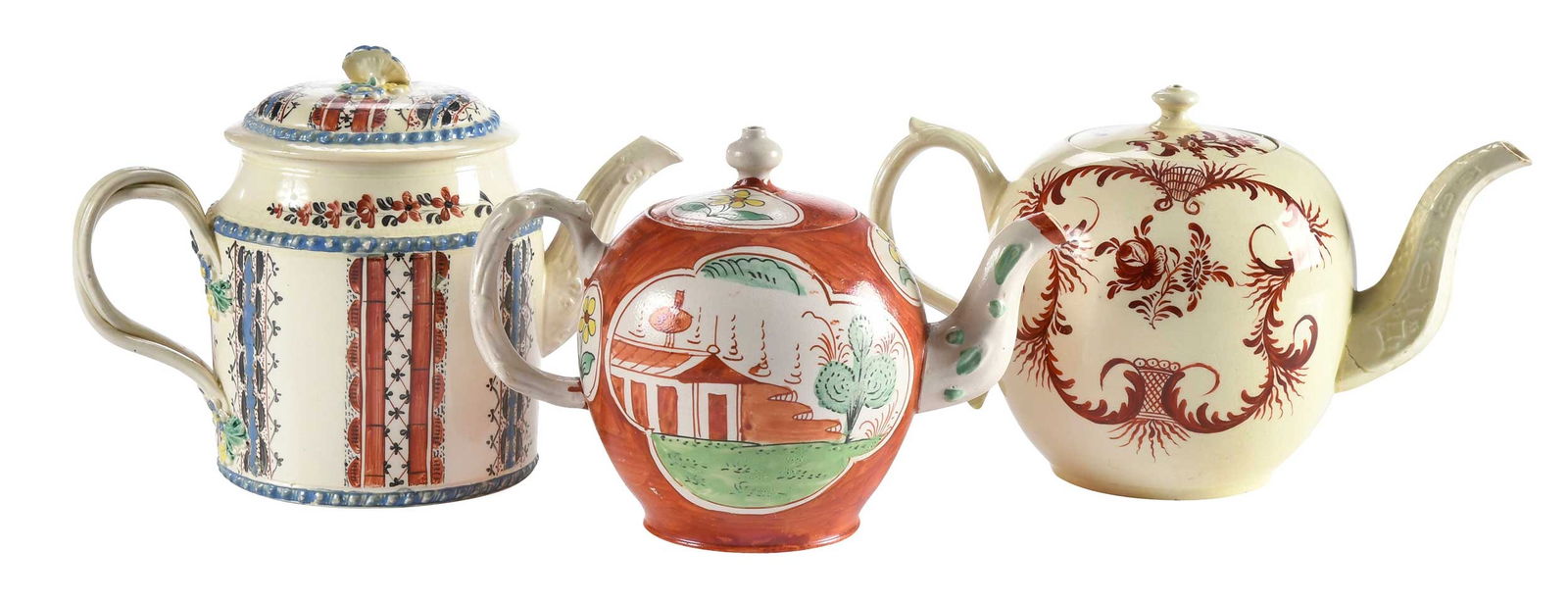 Three English Salt Glazed Enamel Decorated Creamware Teapots (1 of 12)