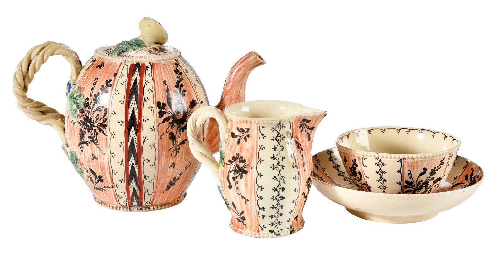 Four Pieces of English Chintz Decorated Creamware Teaware (1 of 9)