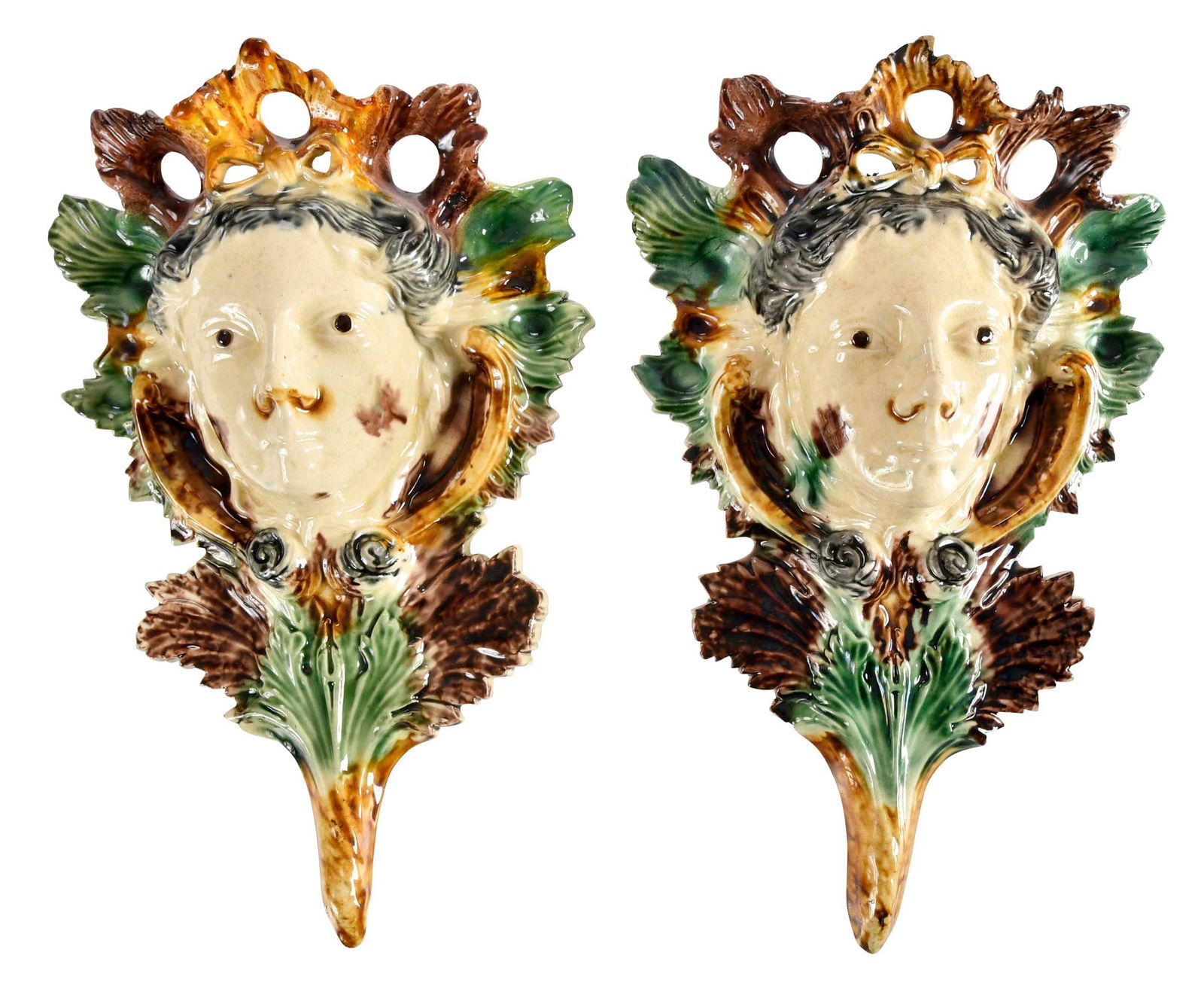 Pair of Whieldon Type Mask Form Wall Pockets (1 of 7)
