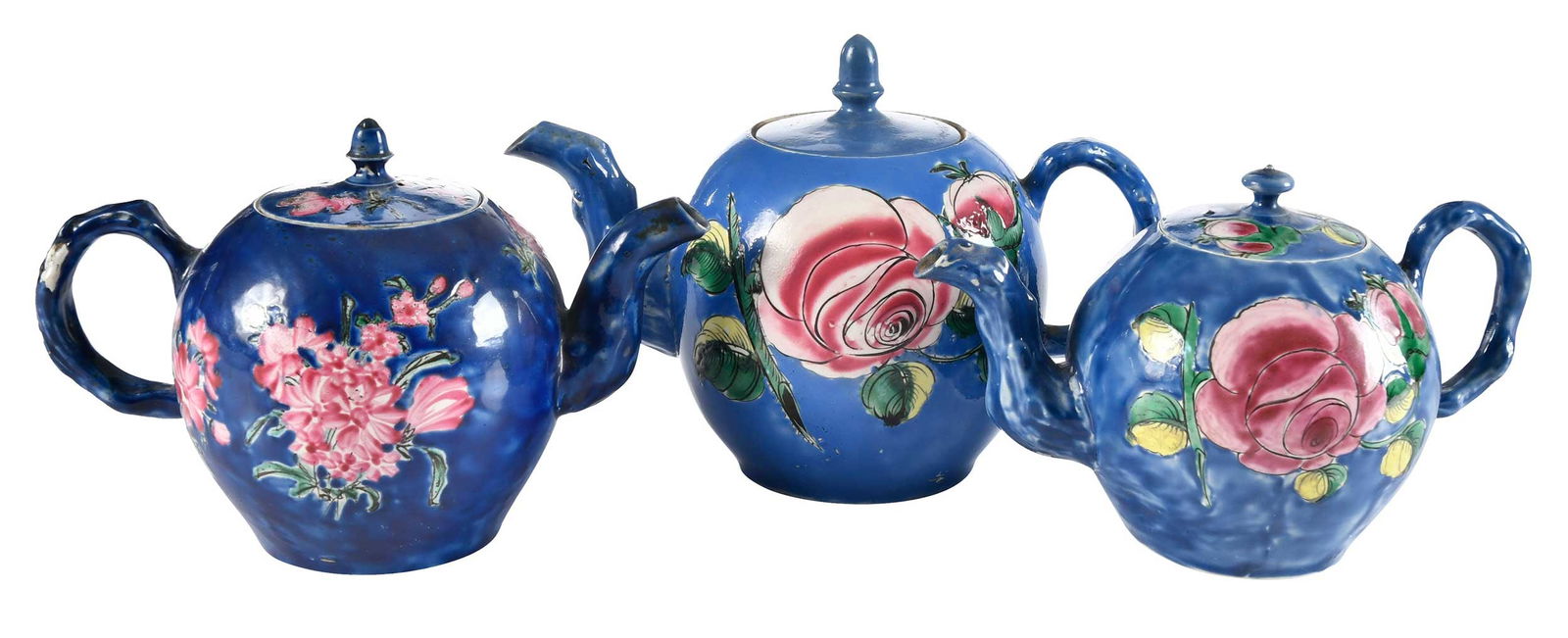 Three English Enamel Decorated Salt Glazed Teapots (1 of 8)