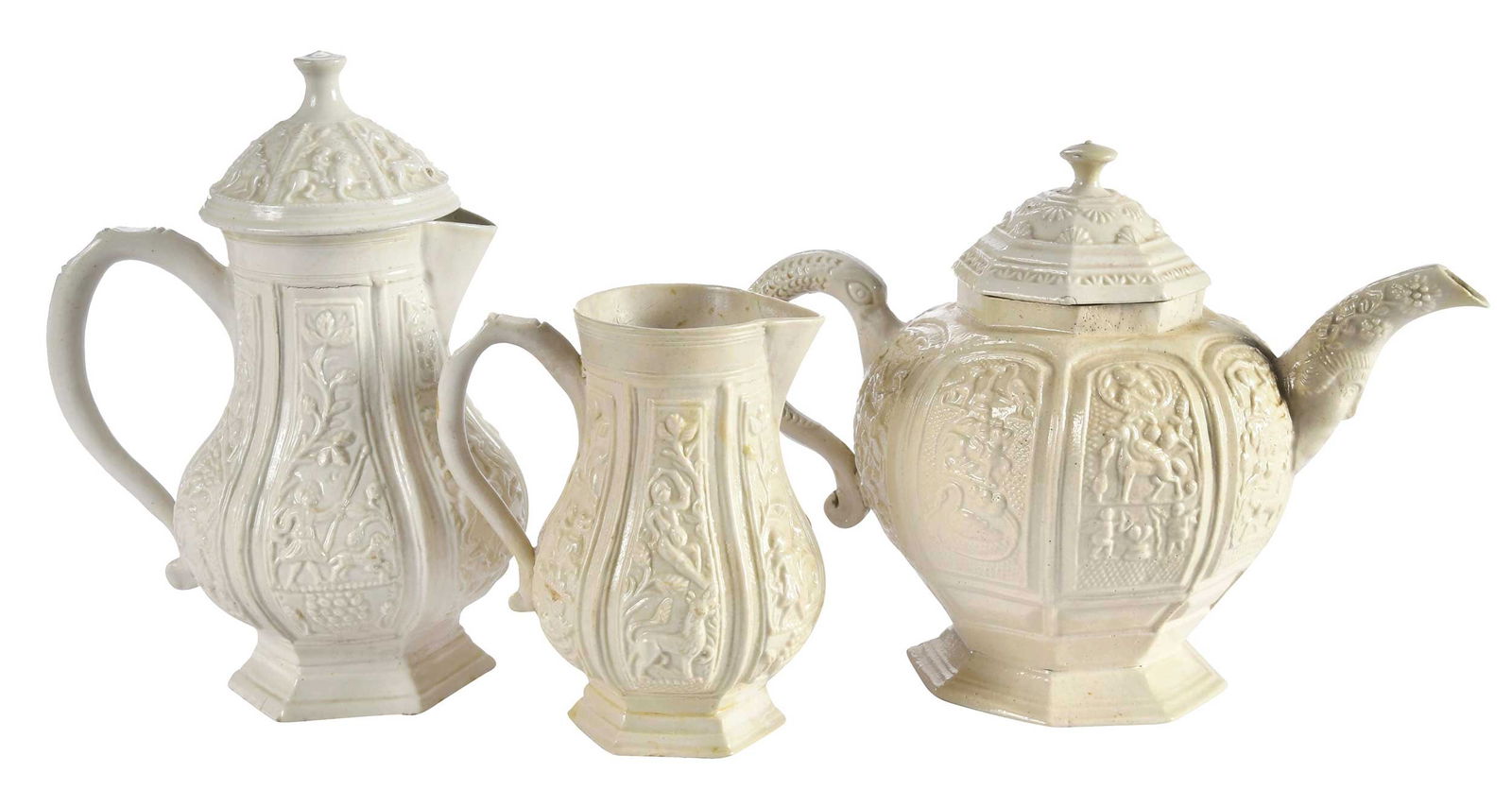 Staffordshire White Salt Glazed Teapot and Two Creamers (1 of 10)