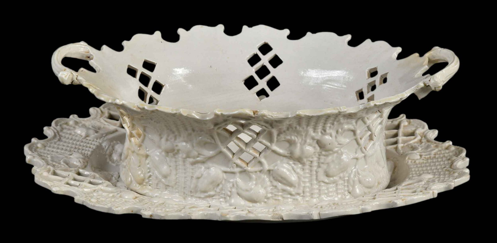Staffordshire White Salt Glazed Basket and Underplate (1 of 7)