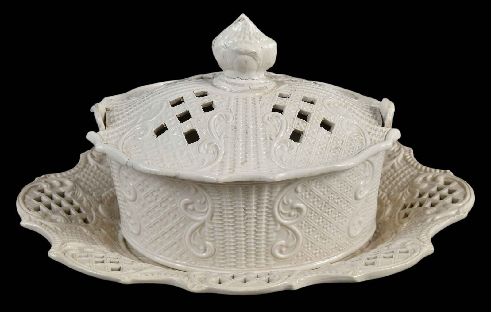 Staffordshire White Salt Glazed Reticulated Butter Tub and Underplate (1 of 7)