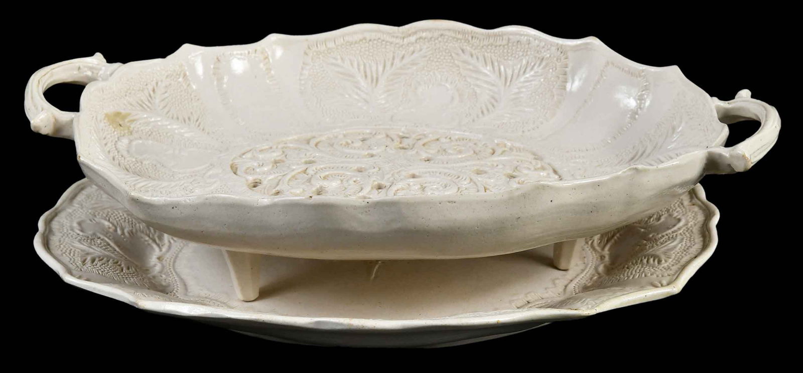 Staffordshire White Salt Glazed Cress Dish and Underplate (1 of 9)