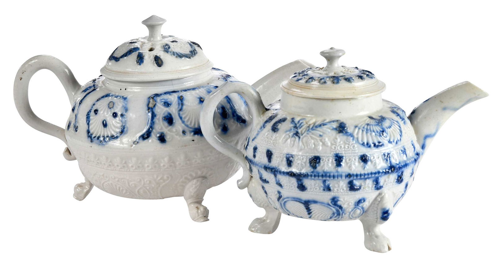 Two Staffordshire Salt Glazed Blue and White Teapots (1 of 8)