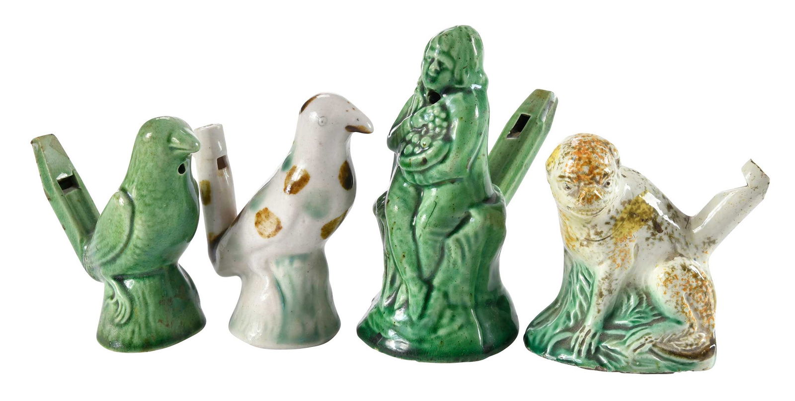 Four Staffordshire Pottery Novelty Figural Whistles (1 of 6)
