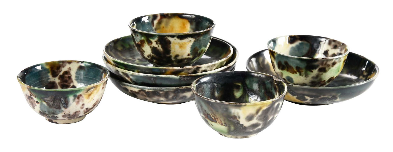 Four Miniature Staffordshire Tortoiseshell Glazed Teabowls and Saucers (1 of 4)