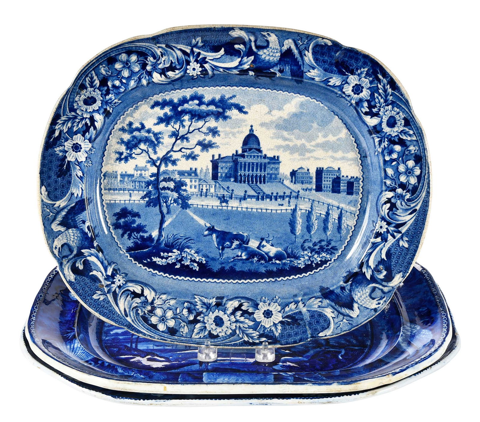 Three Large Historic Blue Staffordshire Platters (1 of 9)