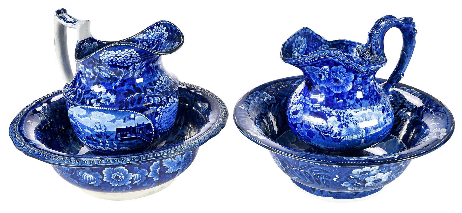 Two Historic Blue Staffordshire Wash Basins and Pitchers (1 of 10)