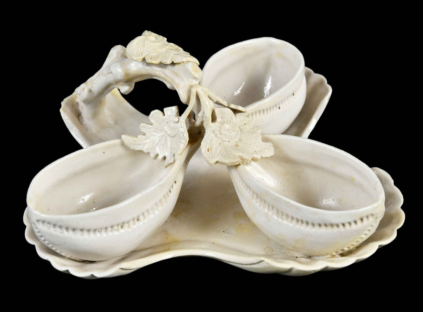 Staffordshire White Salt Glazed Sweetmeat Dish: English, 18th century, 2-3/4 x 6-1/4 x 6-1/4 in. Provenance: Wynn A. Sayman, Richmond, Massachusetts (label); Collection of Dr. Richard and Carol Lamb, Kennett Square, Pennsylvania