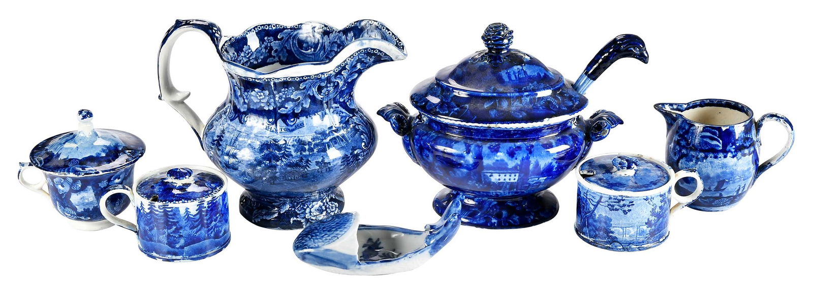 Seven Assorted Historic Blue Staffordshire Table Objects (1 of 8)