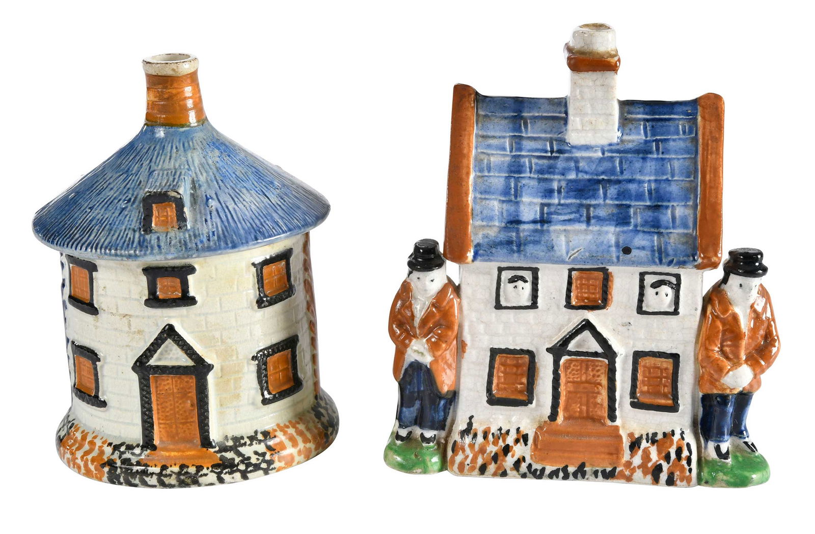 Two Staffordshire Prattware Cottage Form Money Banks (1 of 9)