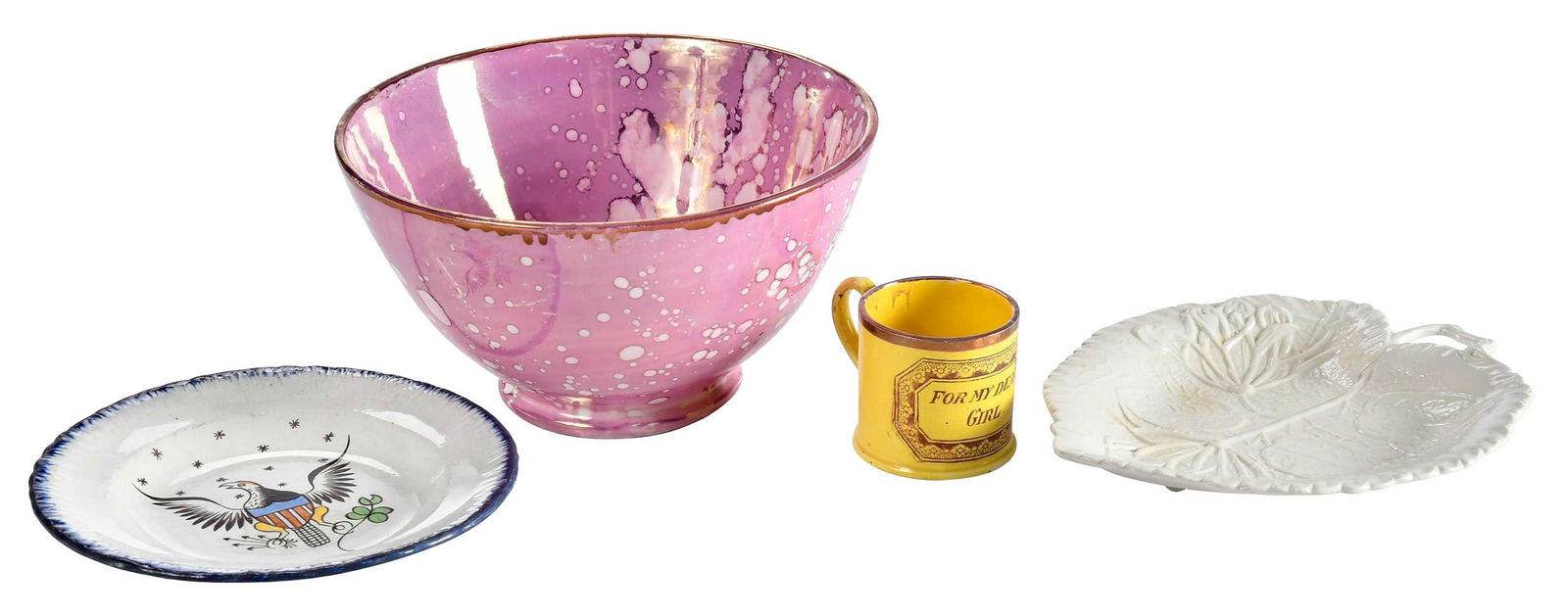 Three Pieces of 19th Century English Ceramics: comprising: canary ware child's mug inscribed "For my dear girl."; leedsware blue feather edge plate with Great Seal, impressed "ADAMS" mark to base; pink lustreware bowl, Allerton mark to base; toget
