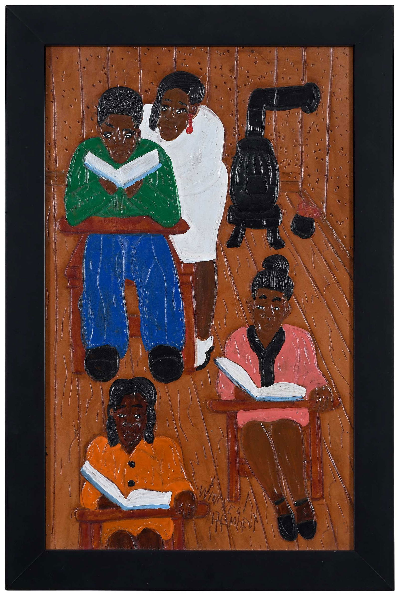 Winfred Rembert: (American/Georgia, 1945-2021) Winfred at School, signed lower right "Winfred Rembert", inscribed verso "To George from Winfred Rembert", "This is a Self Portrait of Me and Mrs. Pratrer 5th Grade Rando