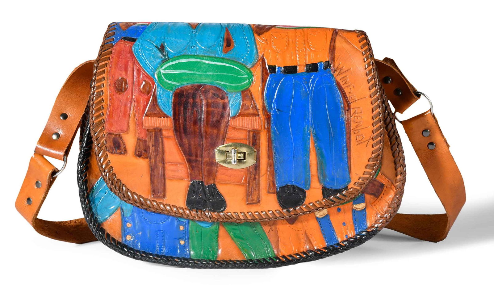 Winfred Rembert: (American/Georgia, 1945-2021) Watermelon Pocketbook, circa 2012, inscribed front and back "Winfred Rembert", dye on carved and tooled leather, 7 x 12 x 5 in., drop from shoulder, 16-3/8 in. Provenance