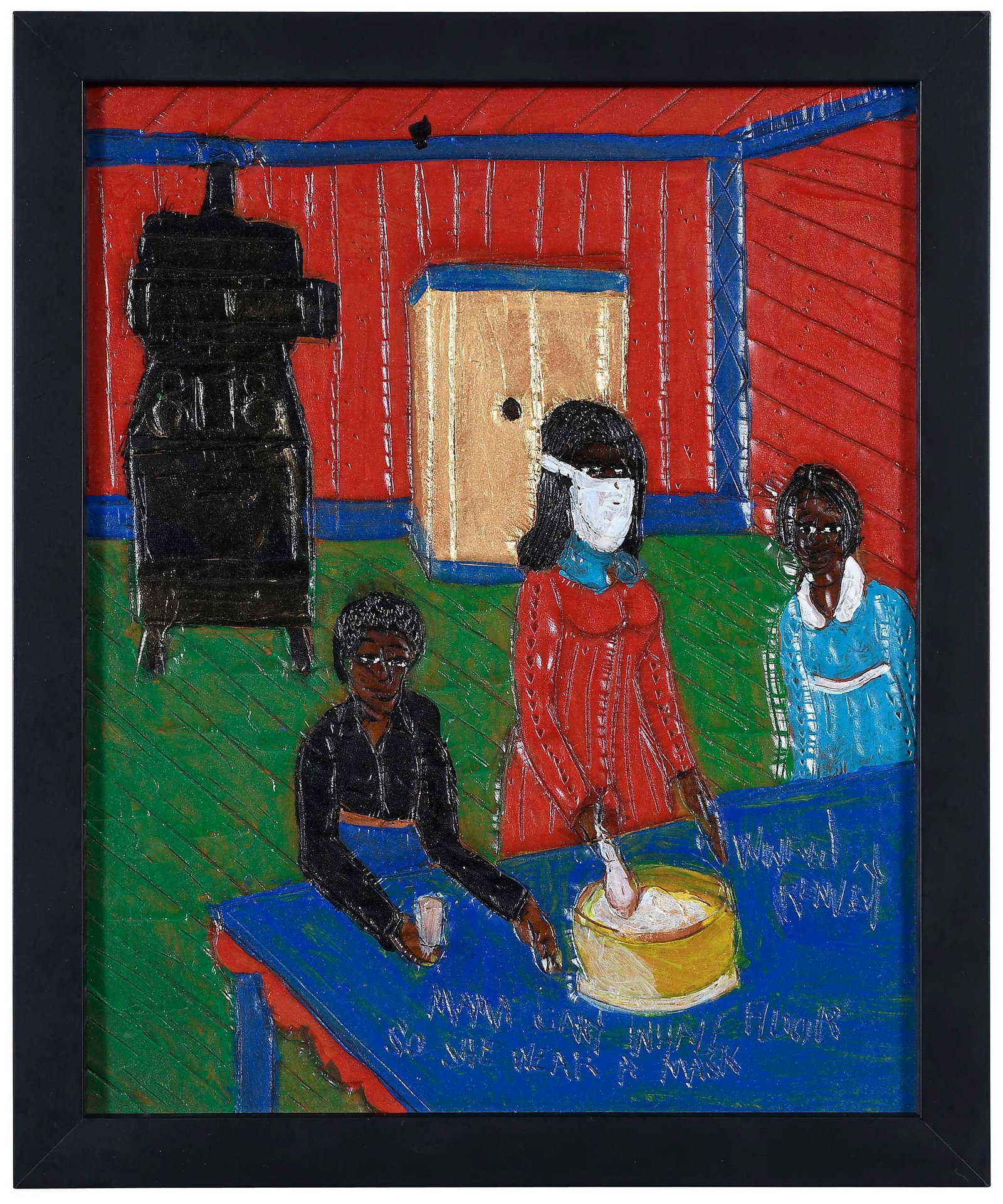 Winfred Rembert: (American/Georgia, 1945-2021) Mama and Me Baking, signed lower right "Winfred Rembert", inscribed verso "Mama Can't Inhale Flour so She Wears a Mask", dye on carved and tooled leather, 12 x 9-1/2 in.;