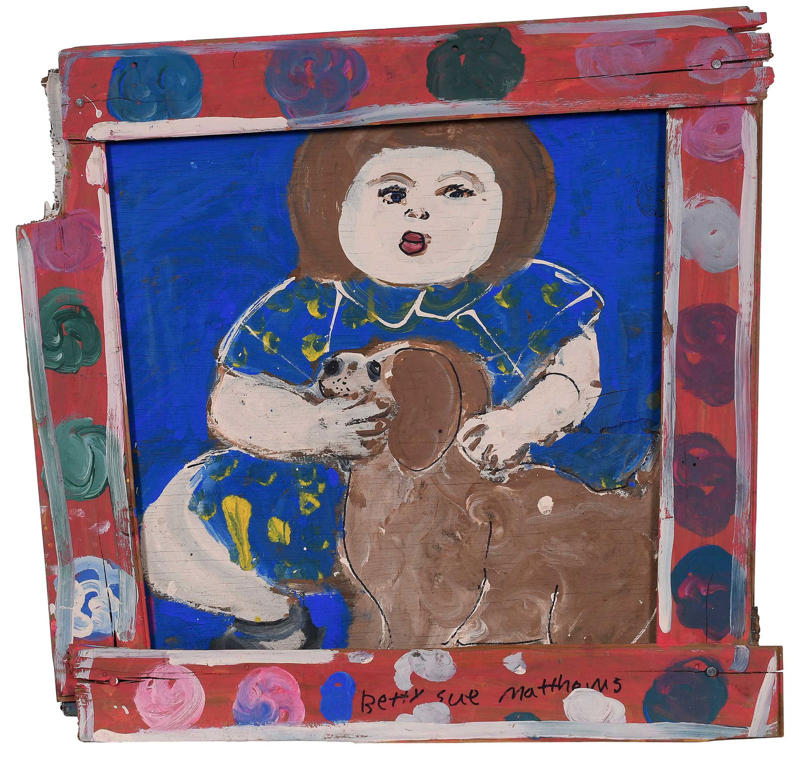 Betty Sue Matthews: (American/Alabama, born 1950) double sided work: Girl with Dog/Flower Pot, each signed to lower border, mixed media on assembled wood, 26-1/2 x 27 x 1-1/4 in. Provenance: Property from the Collection