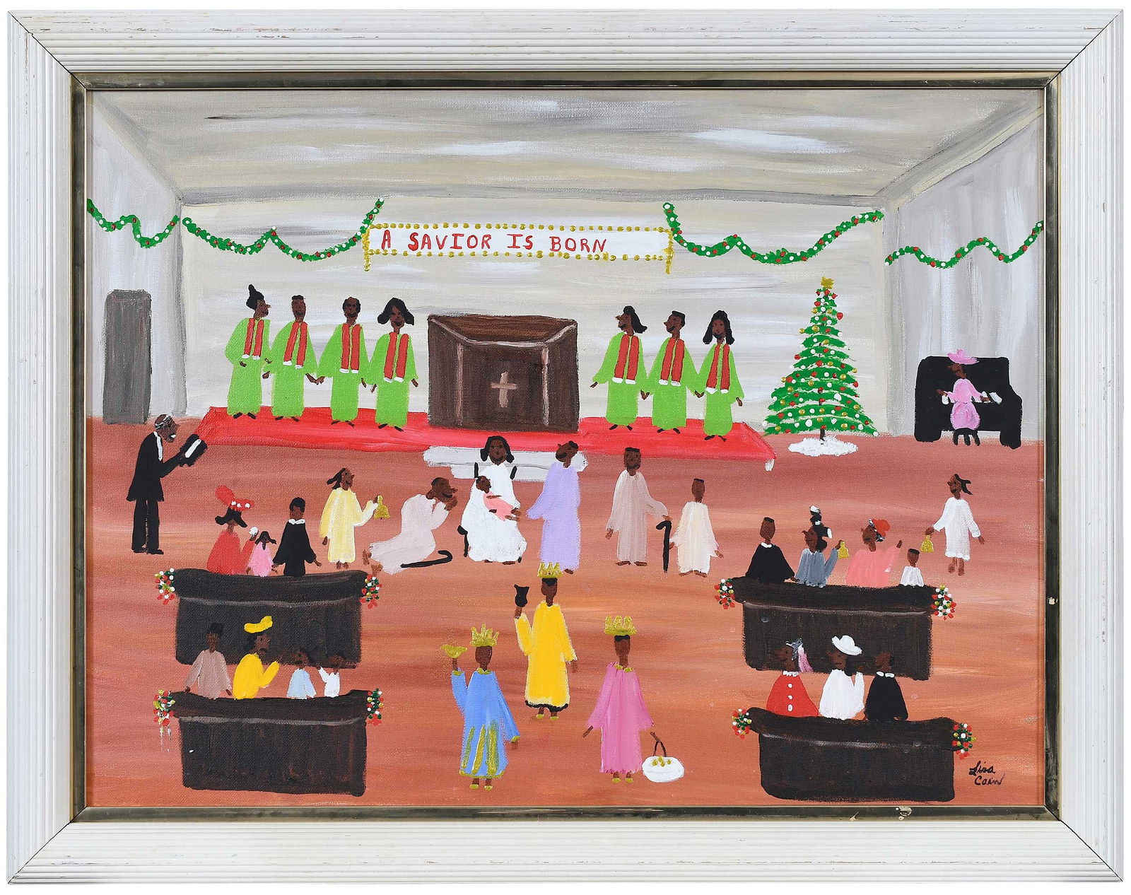 Lisa Cain: (American/Mississippi, born 1962)Christmas Service, signed lower right corner "Lisa Cain", acrylic on canvas, 18 x 24 in.; white painted frame with gilt metal fillet, 21-3/8 x 27-3/8 x 1-1/2