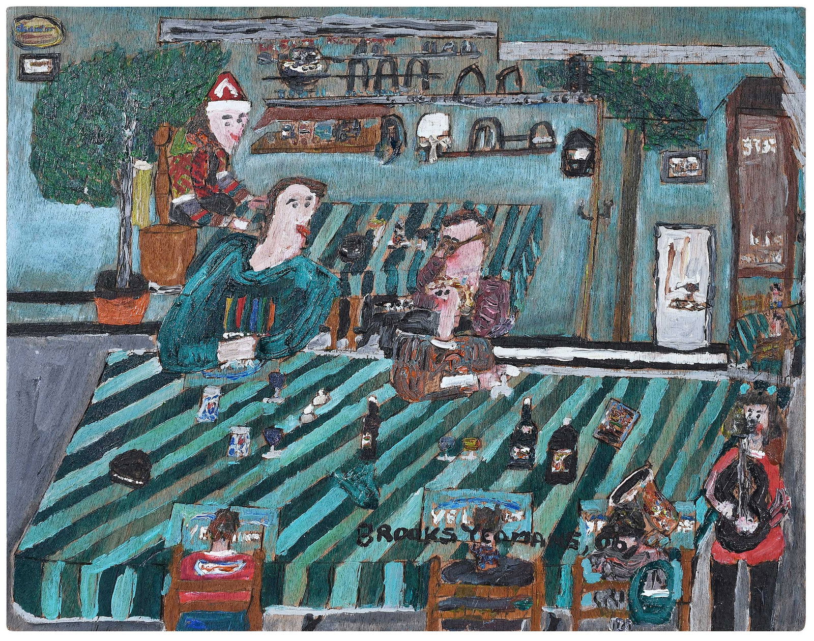 Brooks Yeoman: (American, born 1957) Inside a Restaurant in Switcherland (sic) called La-Siesta Brugis. Tues. Feb. 14, 2006, signed recto, titled and dated verso, incised and painted wood, 15-3/4 x 20 x 1/8 in.; unf