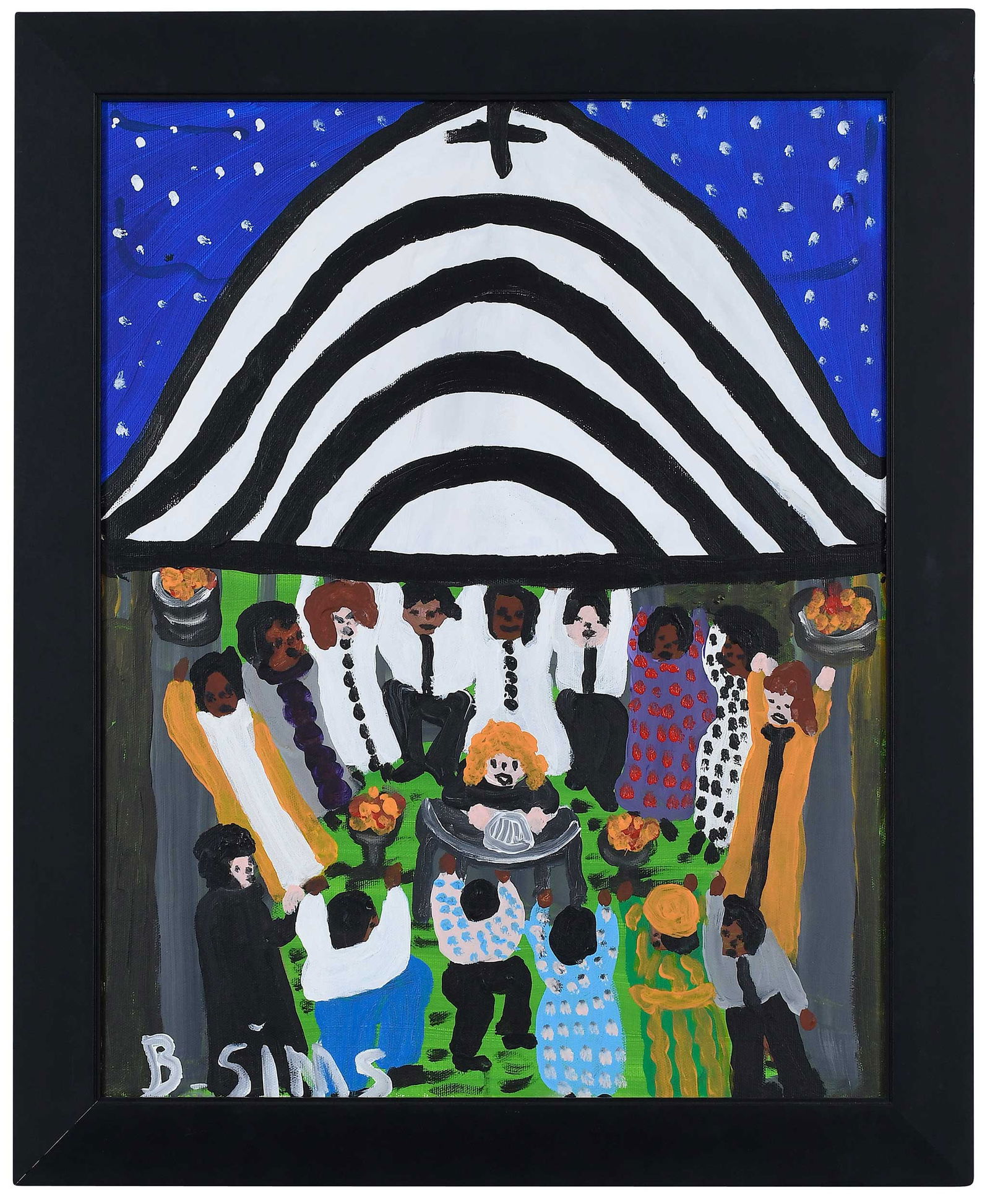 Bernice Sims: (American/Alabama, 1926-2014)Tent Revival, signed lower left "B. Sims", acrylic on canvas, 20 x 16 in.; black painted wood frame, 23-1/8 x 19-1/8 x 7/8 in.Provenance: Property from the Collection of