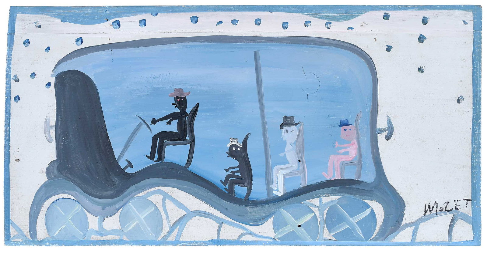 Mose Tolliver: (American/Alabama, 1918-2006)Freedom Bus, signed "MOSET" to lower right corner, paint on board, paint on board, 11-1/4 x 22 x 3/4 in.Provenance: Property from the Collection of Ted and Ann