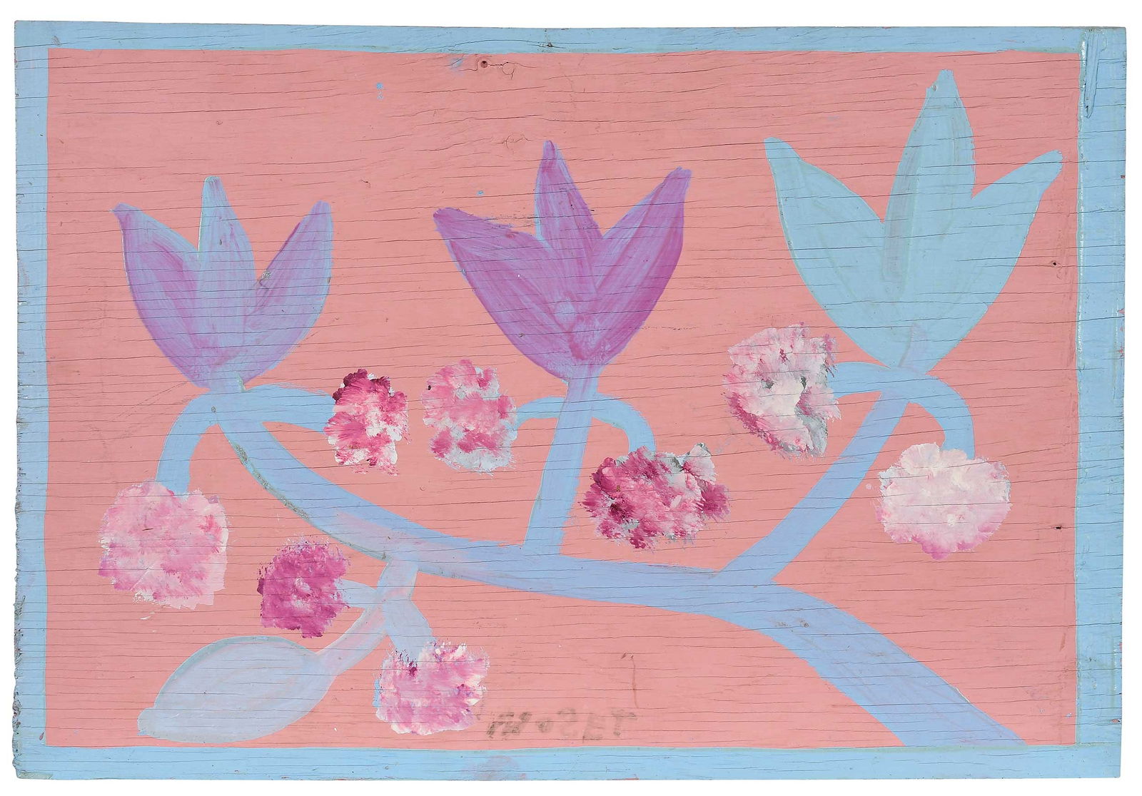 Mose Tolliver: (American/Alabama, 1918-2006)Untitled floral composition, signed "MOSET" lower center, paint on board, 16 x 23-1/2 x 1/2 in.; unframedProvenance: According to consignor notes, this piece was