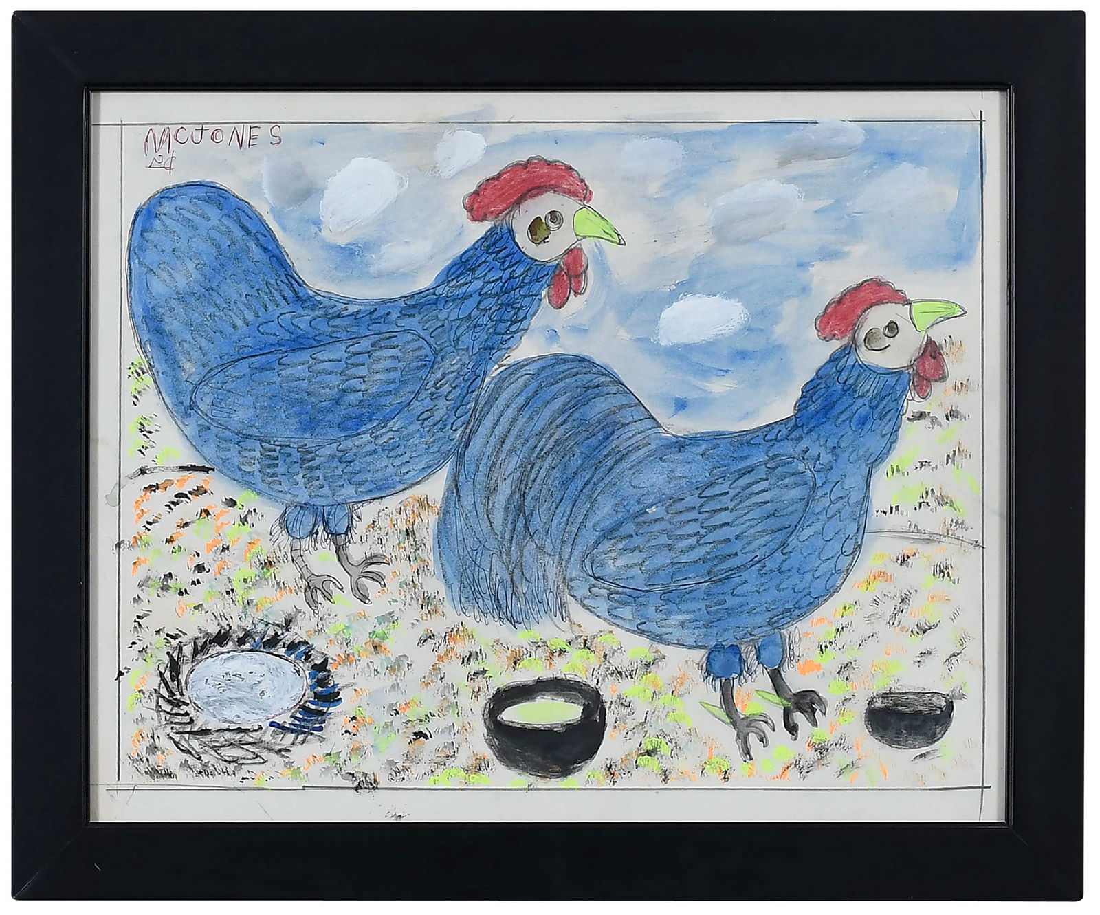 M.C. "5 Cents" Jones: (American/Louisiana, 1917-2003)Two Blue Roosters, signed to upper corner "MCJONES", mixed media on poster board, sight 15-5/8 x 19-3/8 in.; black painted wood frame, 19 x 23 x 7/8 in.Provenance: