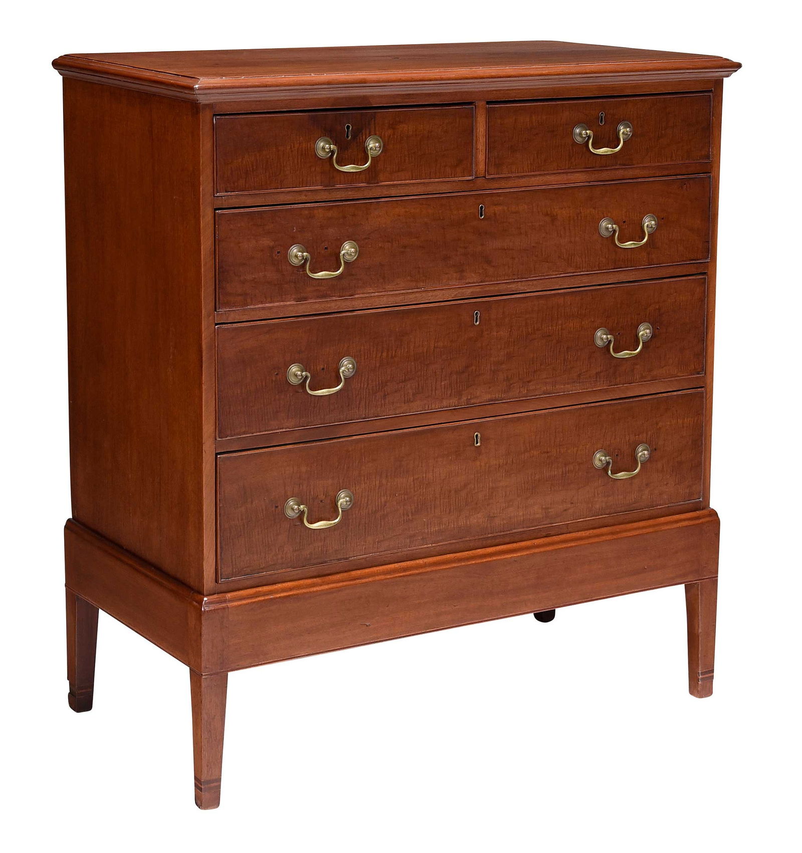 Southern Federal Figured Walnut Chest on Frame: Virginia attributed, 19th century, yellow pine secondary wood throughout with mixed highly figured veneers, top with molded edge, string inlay to base, 44-1/2 x 41 x 20-1/2 in. Provenance: A Private N