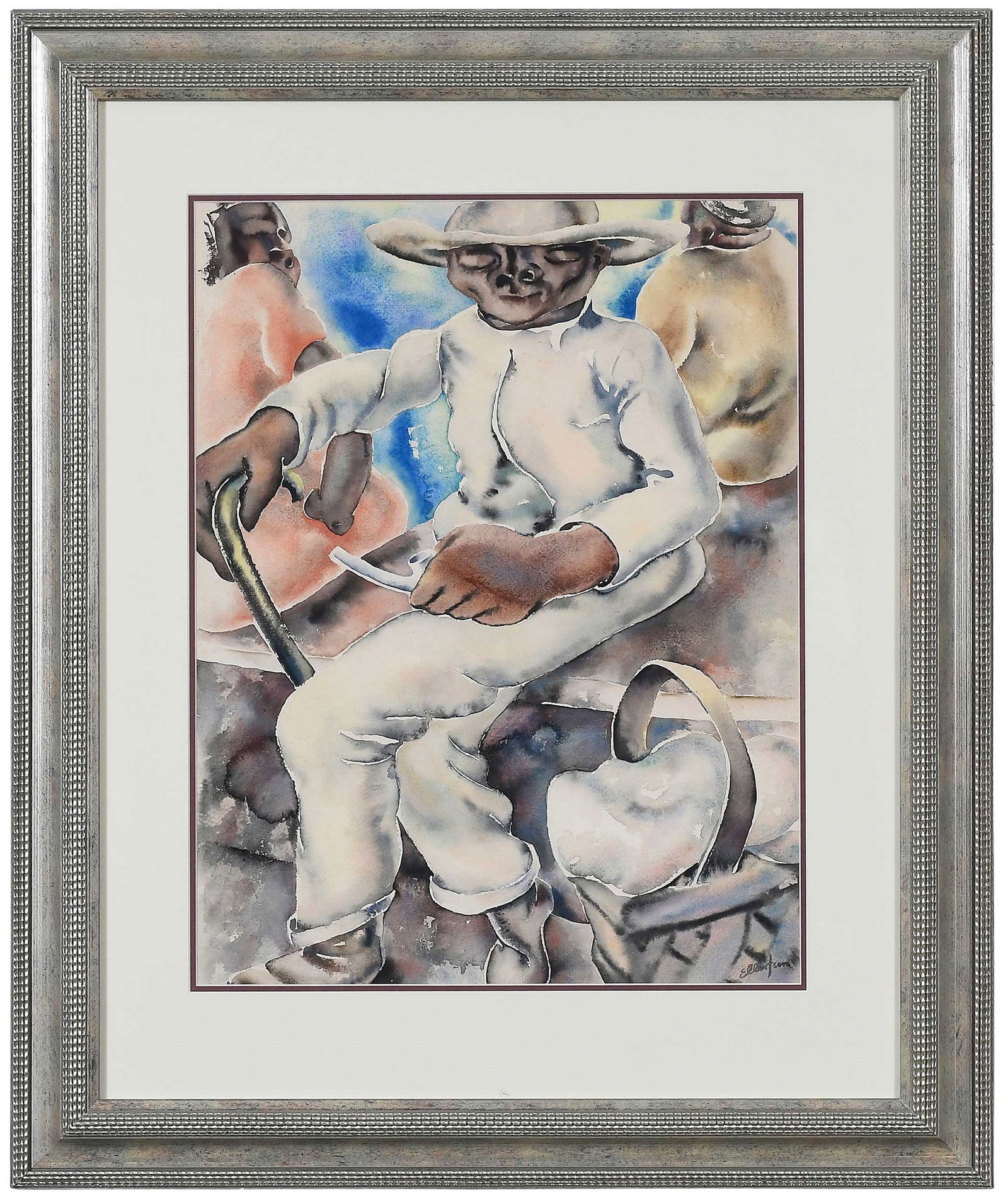 Homer E. Ellertson: (American/Tryon, North Carolina, 1892-1935) Man with Pipe and Cane, signed lower right "Ellertson", label verso "The Second Annual Wisconsin Salon of Art", watercolor on paper, sight 22 x 17 in.; pain
