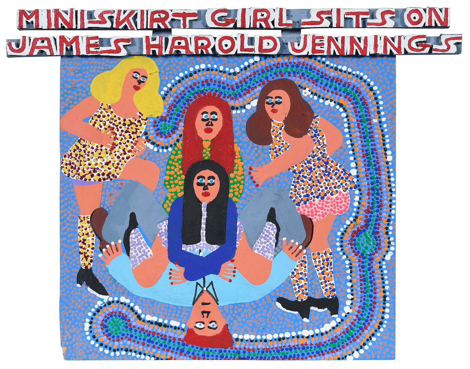 James Harold Jennings: (American/North Carolina, 1930-1999)Mini Skirt Girl Sits on James Harold Jennings, signed verso, carved and painted wood, 13-3/4 x 17-3/4 x 1 in.Provenance: Property from the Collection of Ted and