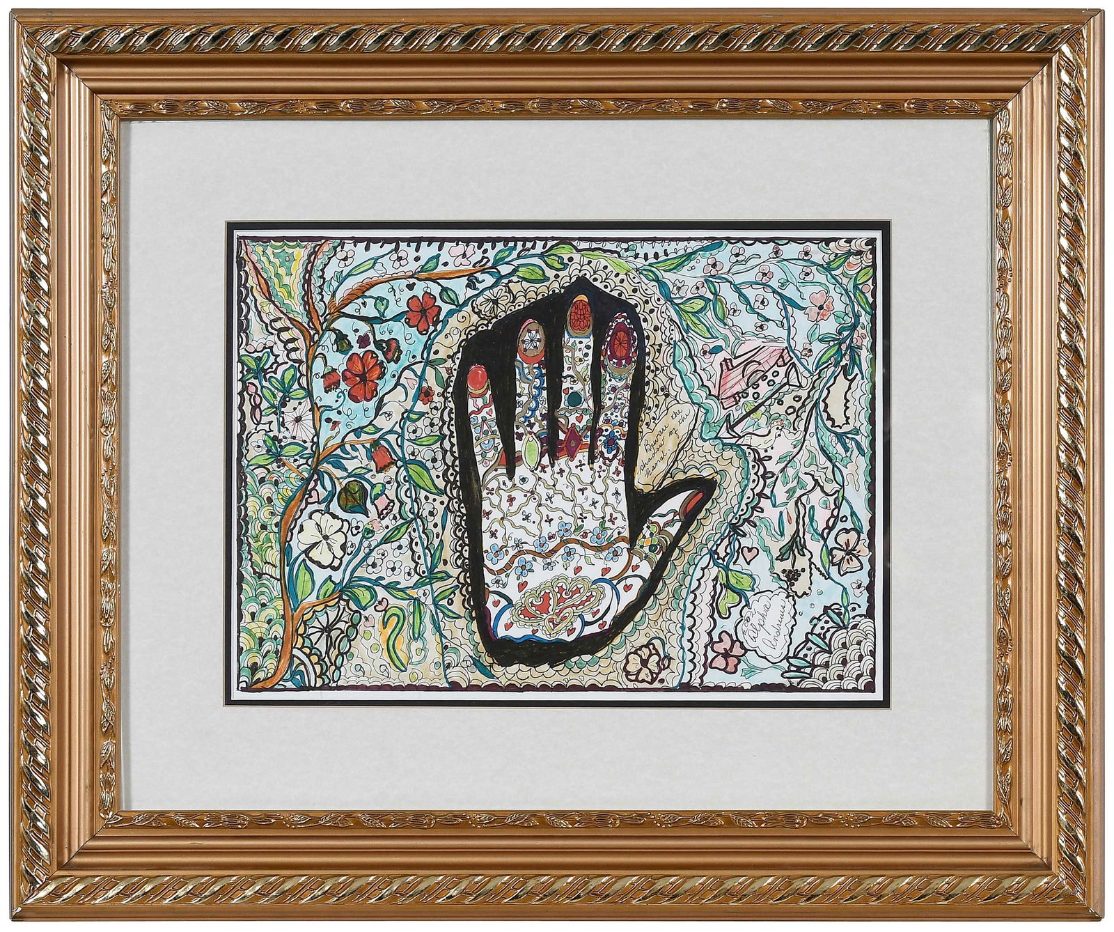 Alpha Andrews: (American/Georgia, 1932-1996)Beware the Hand's Shadow, 2005, signed at lower right corner, multimedia on mat board, sight 10-1/4 x 14-1/4 in.; gilt wood frame, 20-1/2 x 24-3/8 x 1-1/4 in.Provenance: