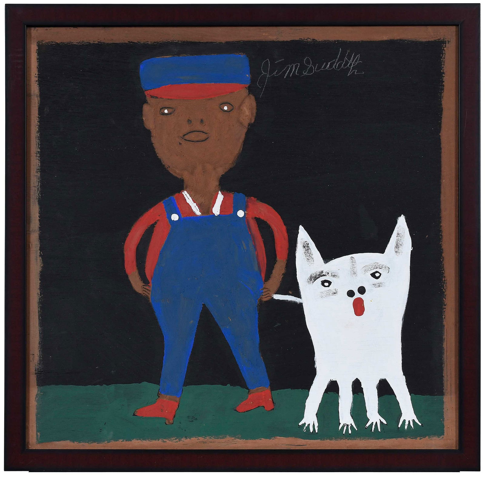 Jimmy Lee Sudduth: (American/Alabama, 1910-2007)Self Portrait in Coveralls with Toto, signed "Jim Sudduth" to upper right, paint and mud on plywood, sight 23-1/4 x 23-1/2 in.; modern wood frame, 25-1/2 x 26 x 1