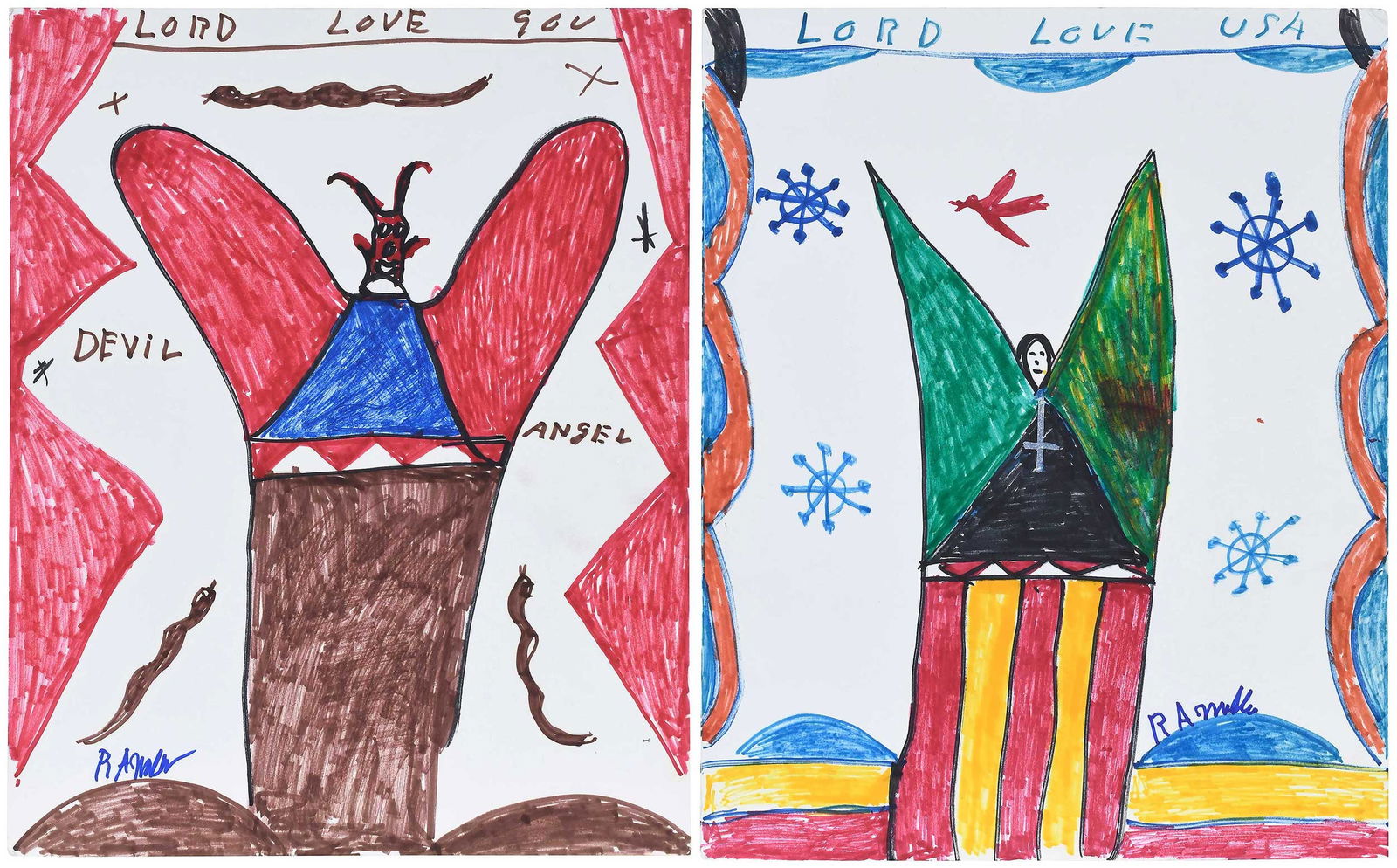 R.A. Miller: (American/Georgia, 1912-2006)Two works: Angel with Green Wings and Devil Angel, each signed "RA MILLER" recto, marker on matboard, each 20 x 16 in.; unframedProvenance: Property from the Collection