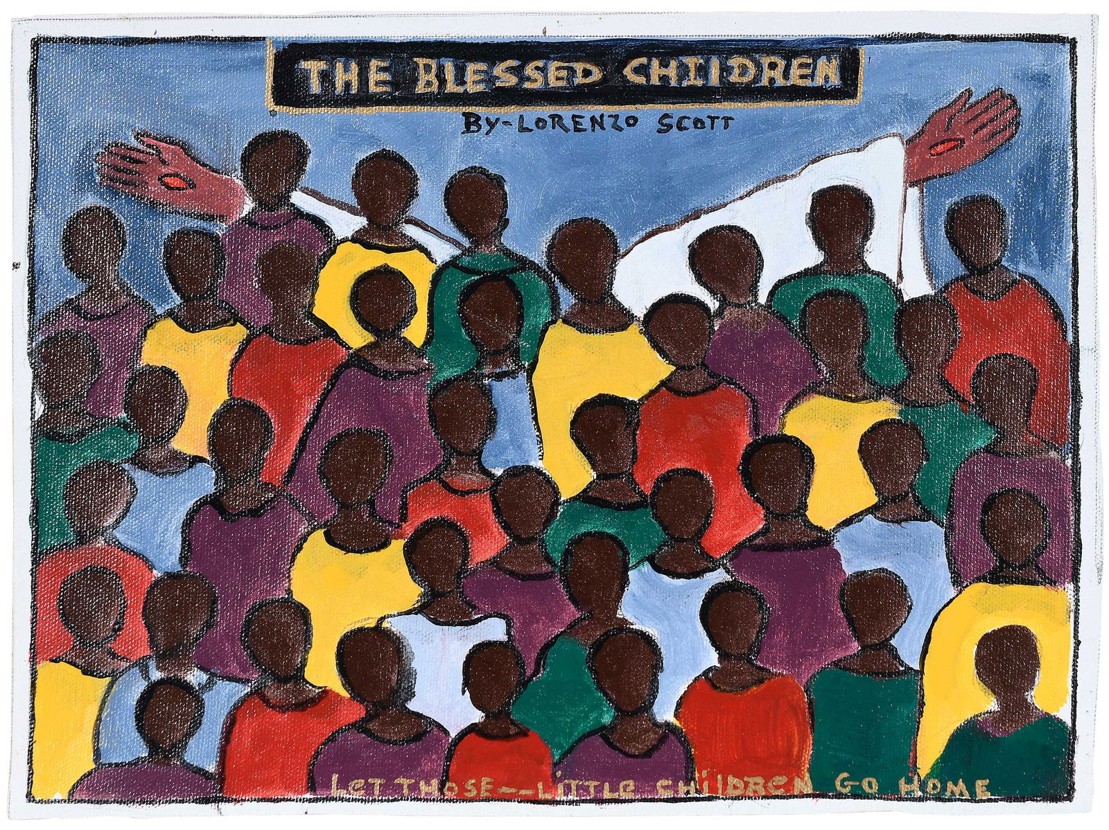 Lorenzo Scott: (American/Georgia, born 1934) The Blessed Children (Cartoon for painting church ATL), signed recto, oil on canvas, 9-1/8 x 12-1/4 in.; unframed Provenance: Property from the Collection of Ted and Ann