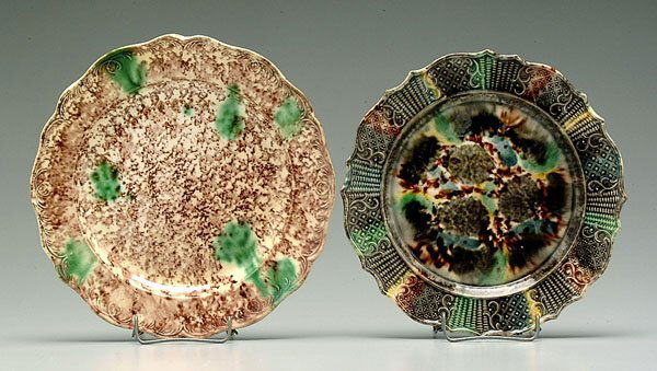 Two Whieldon plates,: Two Whieldon plates, one 9-3/4 in. feather edge with mottled brown and green splashed decoration; other 9 in. with basket-weave and scroll border, (rim chips, largest 5/8 in.), both English, late 18th