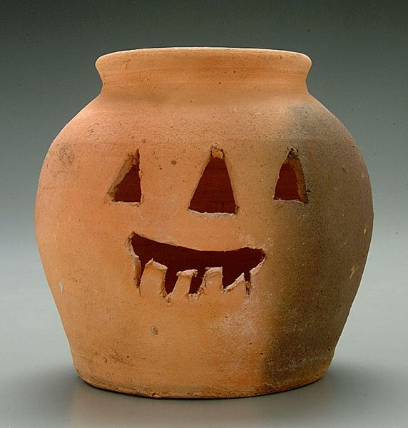 B.B. Craig jack-o'-lantern,: B.B. Craig jack-o'-lantern, unglazed redware, base stamped "BBC" (Burlon Craig), 7-1/2 in. Some coloration from firing. Provenance: Case Collection.