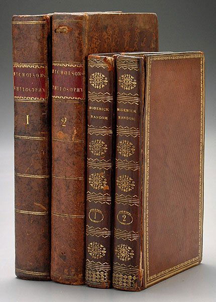 Nicholson, Natural Philosophy, 1790,: Nicholson, Natural Philosophy, 1790, William Nicholson, "An Introduction to Natural Philosophy," two volumes, third edition, London, 1790, full tree-calf leather, 19 fold out illustrations; Tobias Smo