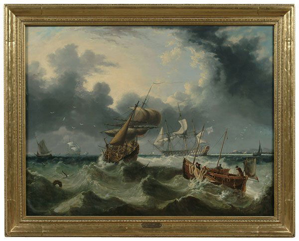 Seascape, Chester Charles Harding: Seascape, Chester Charles Harding (Boston, 1792-1866), fishing and sailing vessels, three-masted man-of-war in rough sea, harbor in distance, signed lower right in sail of fishing boat "C Harding/Pinx