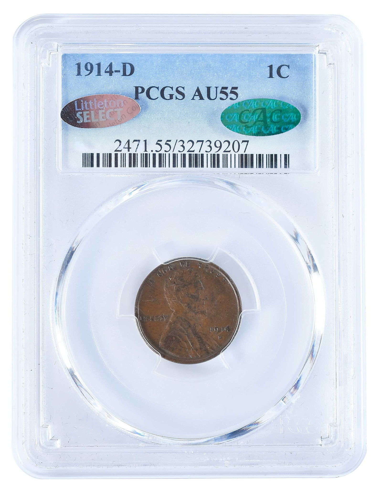 1914-D Lincoln Cent, PCGS AU55 CAC: very tough Denver date Provenance: Private Collection, Lincolnton, North Carolina