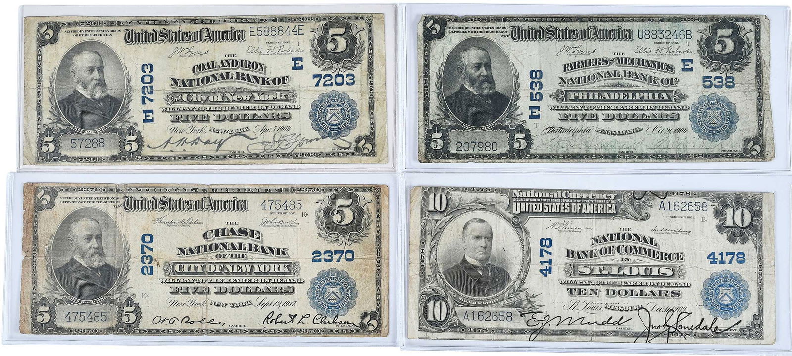 Four Large Sized National Bank Notes: Pennsylvania, Missouri, and two from New York Provenance: Private Collection, Lincolnton, North Carolina