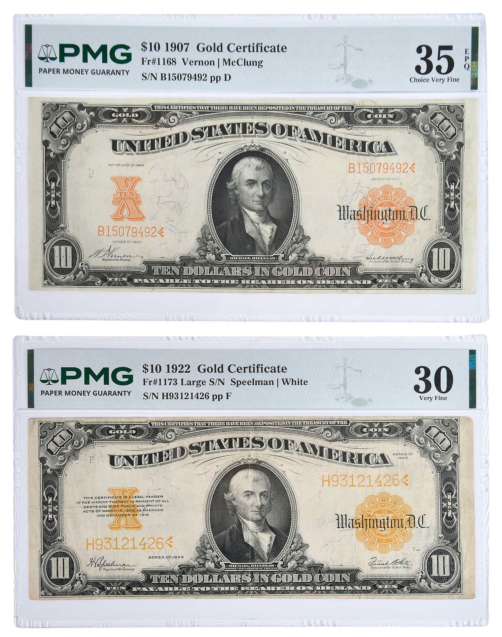 Two $10 Gold Certificates: 1907 Fr. 1168, Vernon and McClung signatures; 1922 Fr. 1173, Speelman and White signatures Provenance: Private Collection, Lincolnton, North Carolina