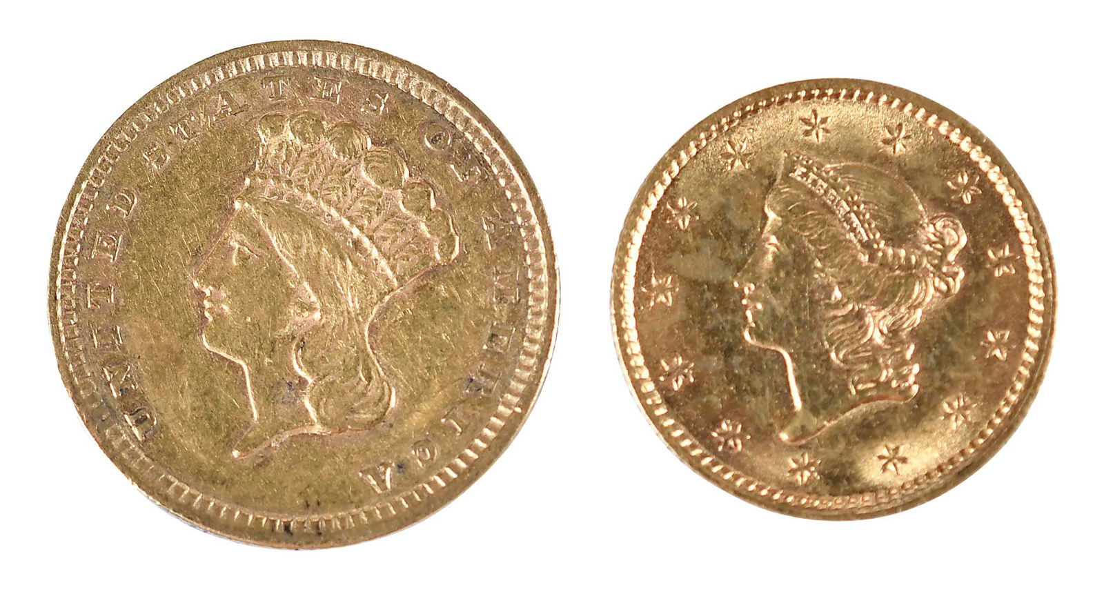 Two Gold Dollars: Type One and Type Three (1 of 2)