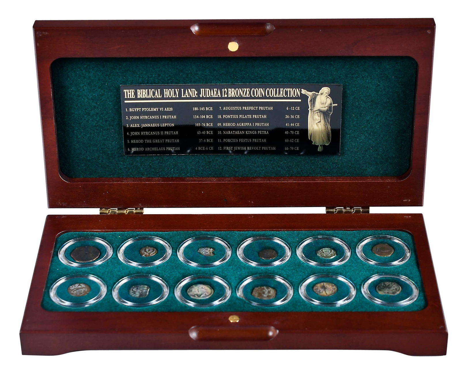 Holy Land Judaean 12 Coin Bronze Set: collection of 12 early bronze circulating coins of Judaea, from 180 B.C. to 70 A.D.; in wooden felt lined box, overall 6-1/2 x 11 x 2 in. Provenance: Private Collection