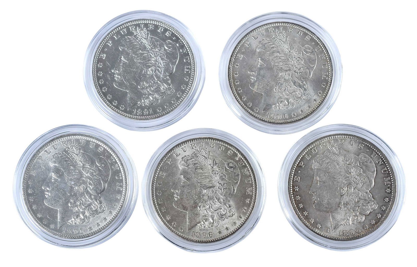 20 Morgan Dollars in Capsules, Uncirculated: includes dates from 1891 to 1899 (none dated 1892, 1893, 1894, or 1895), assorted mintmarks Provenance: Private Collection