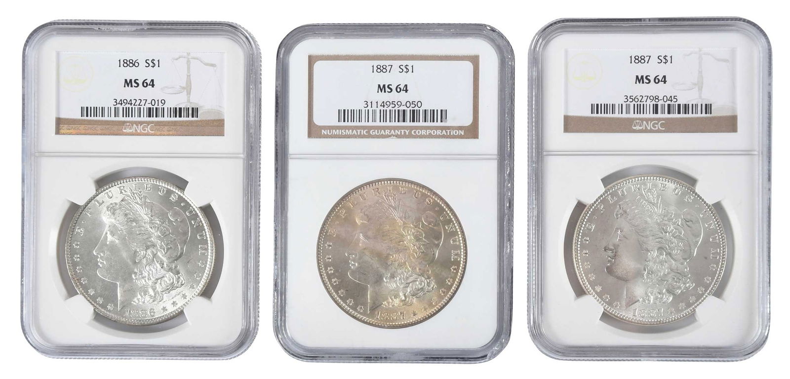 1886 and Two 1887 Morgan Dollars, MS64 (1 of 2)