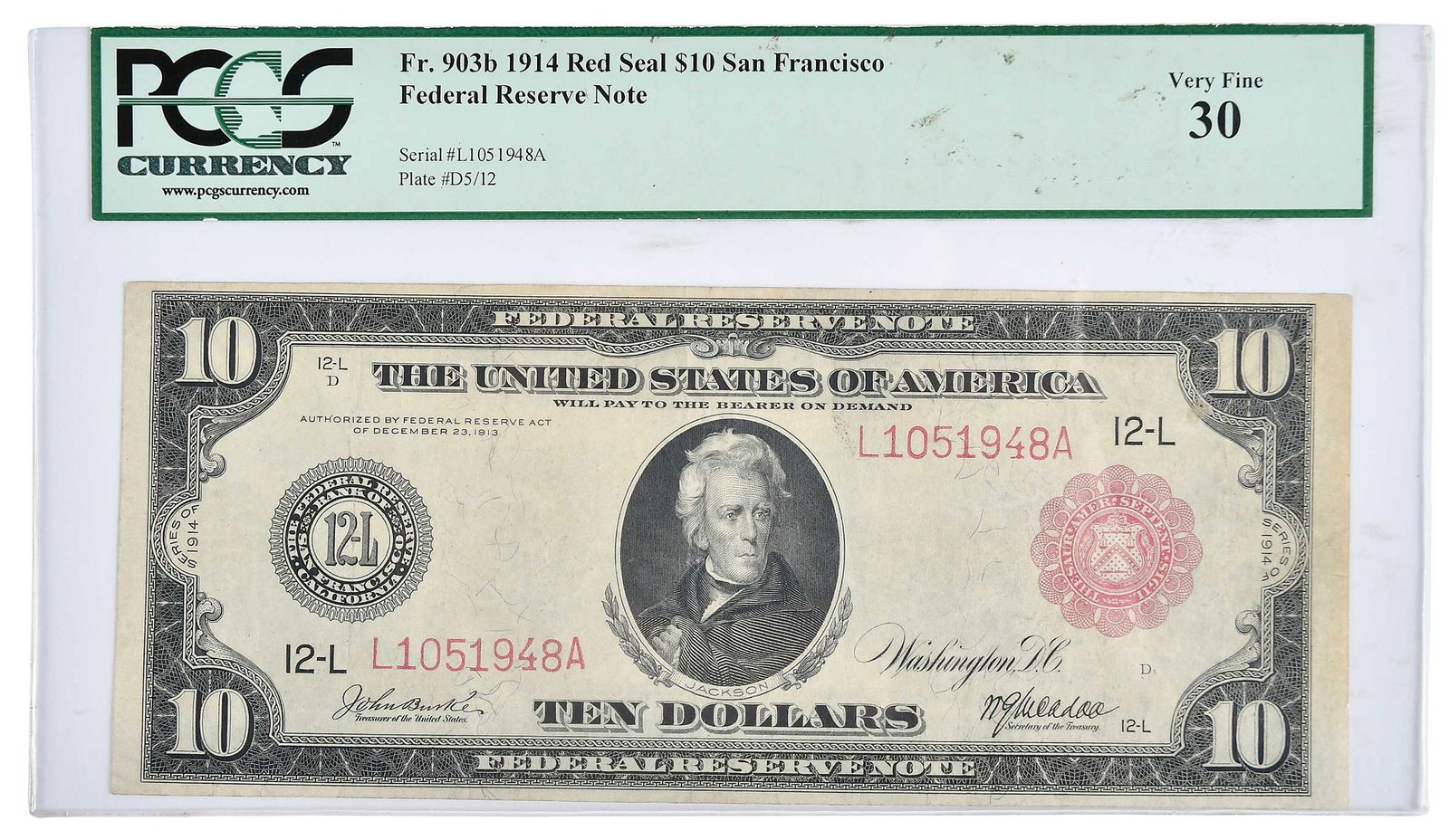 1914 Red Seal $10 Federal Reserve Note: Fr. 903b, San Francisco, Burke and McAdoo signatures Provenance: Private Collection, Lincolnton, North Carolina